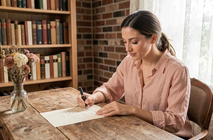 Femme rédigeant un discours ou texte de mariage à la main sur du papier crème avec un stylo plume dans un bureau vintage
