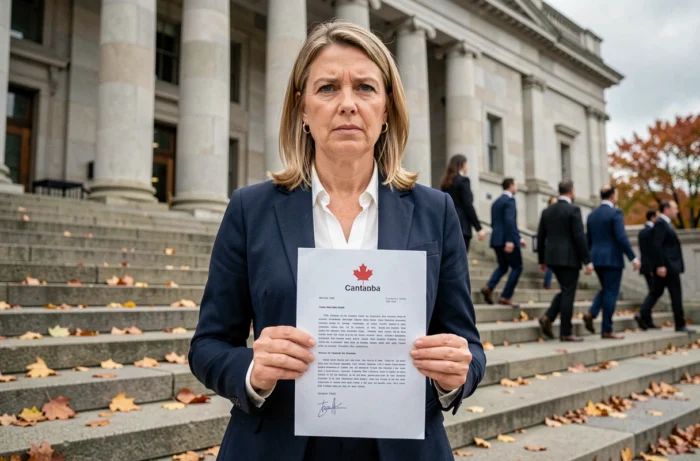 Donna professionale davanti a un edificio governativo a Ottawa con un rapporto ufficiale sulla regolamentazione delle criptovalute in Canada