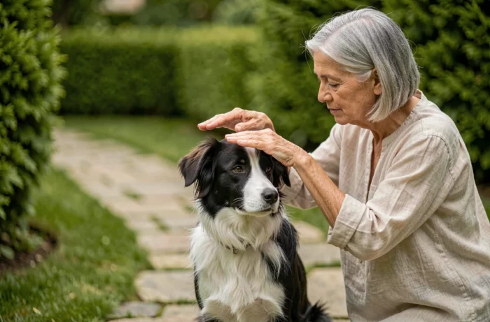 Energy Reiki session for a border collie in a peaceful garden with an experienced practitioner