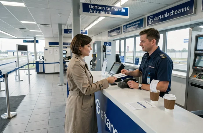 Femme remettant un chèque à un employé dans une station service sur autoroute en France