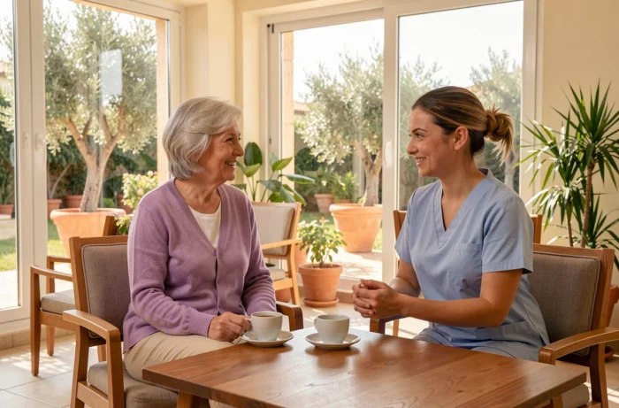 Seniors femme âgée et aide-soignante en conversation dans une résidence senior moderne à Montpellier