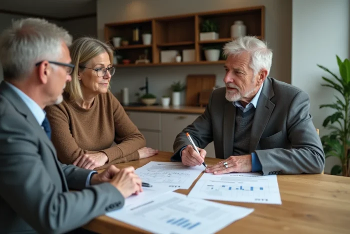 Couple en réunion avec un agent immobilier pour examiner des documents de vente, conseils professionnels pour vendre un bien
