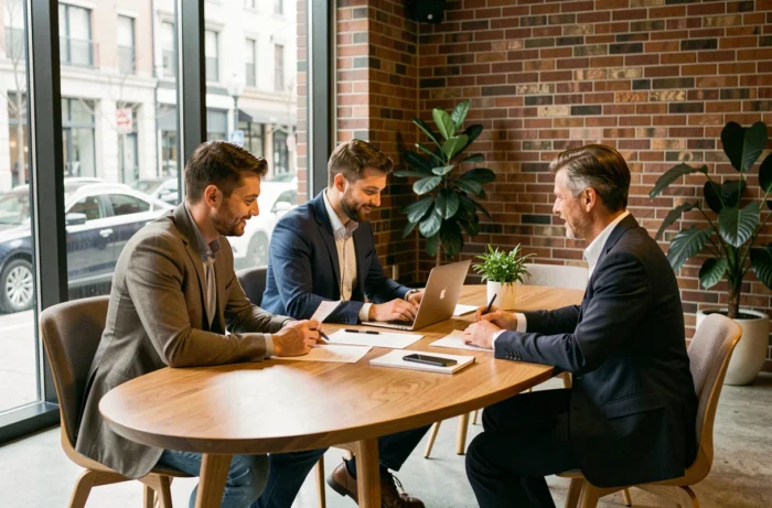Trois professionnels en réunion dans l'espace business moderne de Chez Agathe autour d'une table en bois avec ordinateur portable et documents