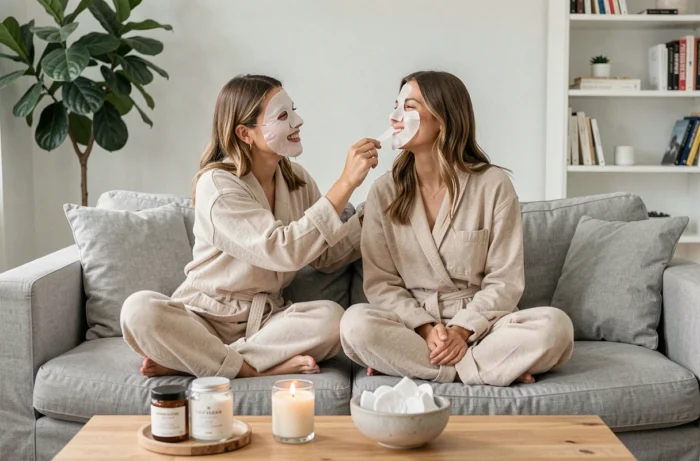 Due giovani donne che condividono un momento di routine di bellezza con maschere viso su un divano in lino grigio