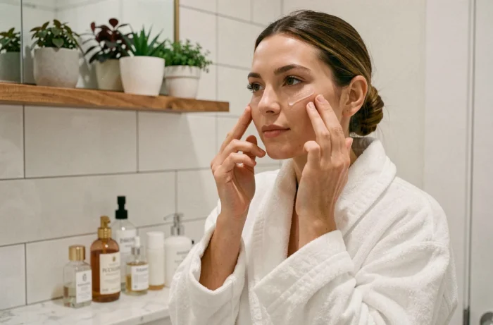 Femme appliquant un sérum visage devant son miroir de salle de bain dans le cadre d'une routine beauté quotidienne