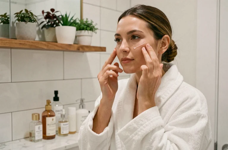 Femme appliquant un sérum visage devant son miroir de salle de bain dans le cadre d'une routine beauté quotidienne