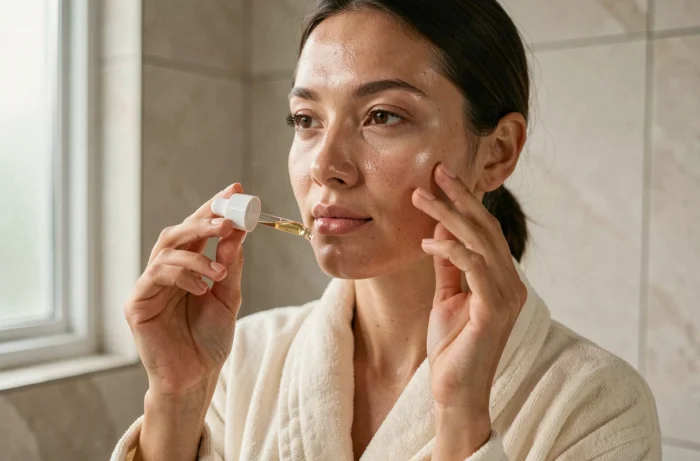 Femme appliquant un sérum visage dans une salle de bain minimaliste, routine beauté tendance