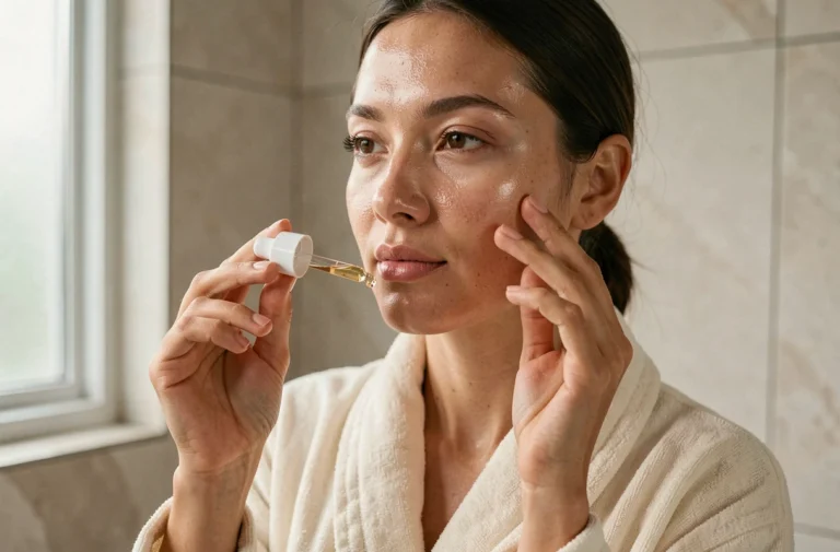 Femme appliquant un sérum visage dans une salle de bain minimaliste, routine beauté tendance