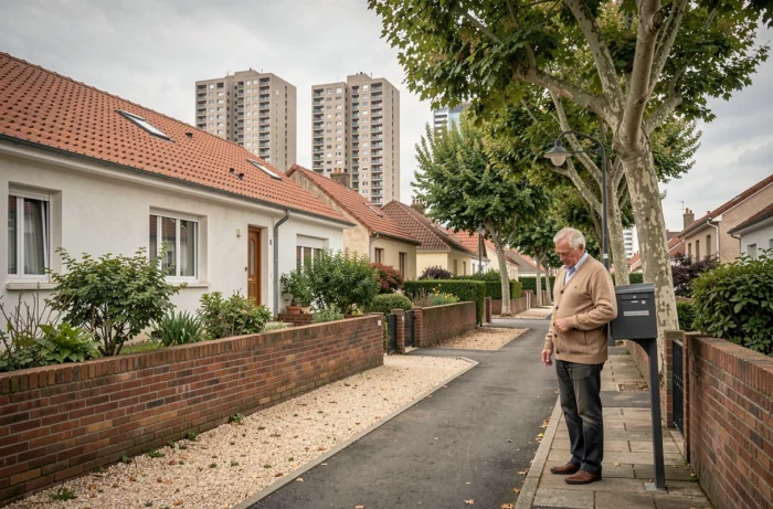 Rue pavillonnaire en périphérie urbaine française avec maisons individuelles et tours de logements sociaux en arrière-plan illustrant le contraste des formes urbaines