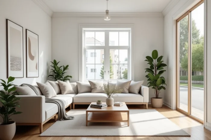 Salon moderne et bien décoré prêt pour une visite immobilière, mise en scène home staging pour optimiser la vente d'un bien