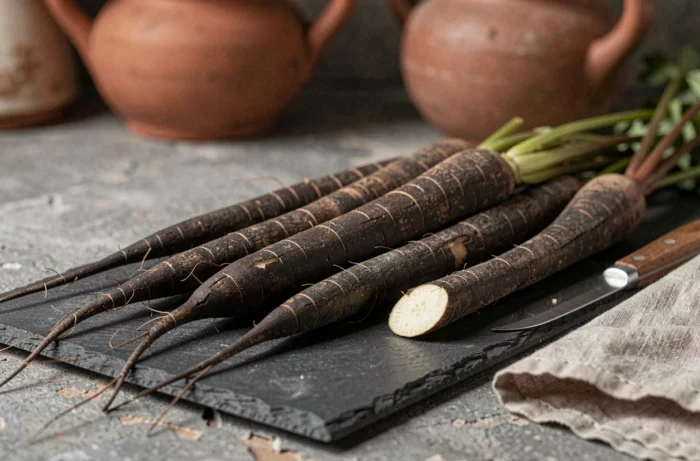 Long, dark salsify roots with a peeler placed on a slate in a rustic French kitchen