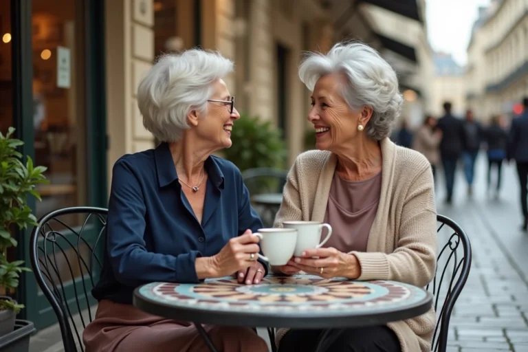 Deux femmes seniors souriantes partageant un café en terrasse dans un bistrot parisien typique