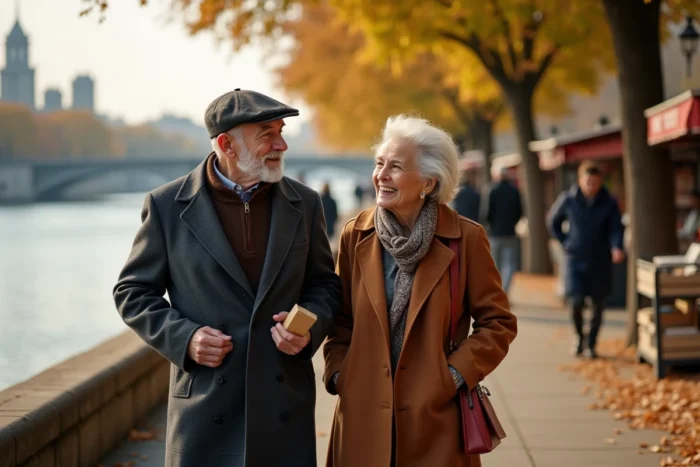 Un homme et une femme seniors se promenant au bord de la Seine en automne à Paris