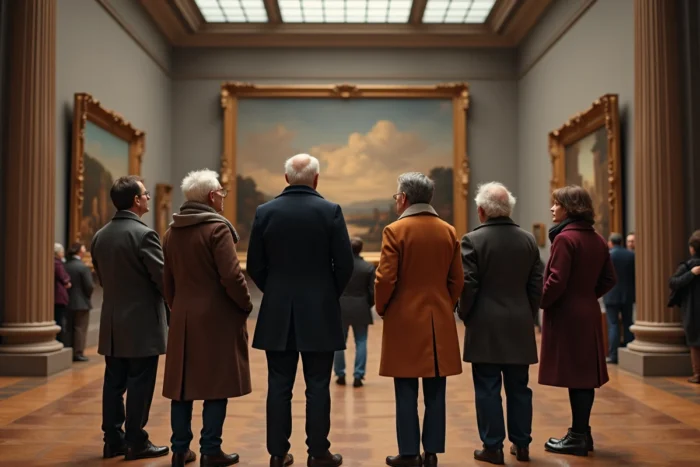 Groupe de seniors en visite culturelle devant un tableau impressionniste dans un musée parisien