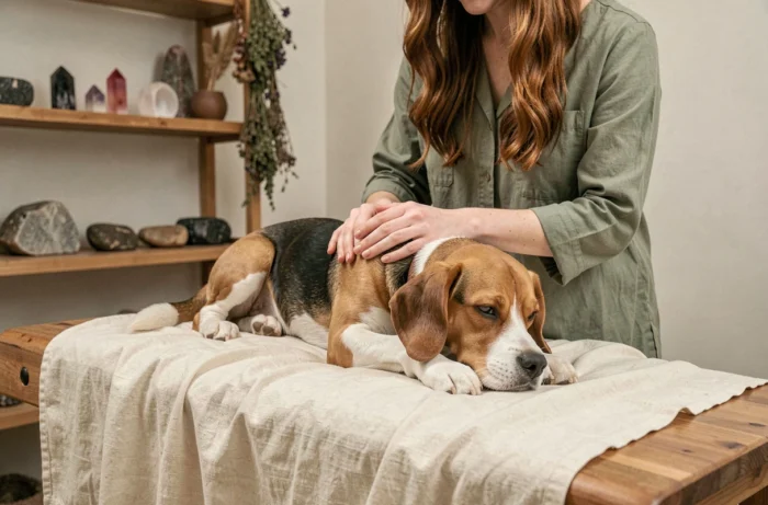 Energy healing practitioner treating a relaxed beagle on a treatment table in a holistic practice