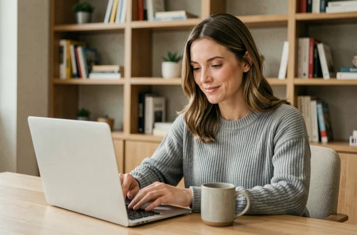 Femme souscrivant à Amazon Prime sur son ordinateur portable depuis son bureau à domicile