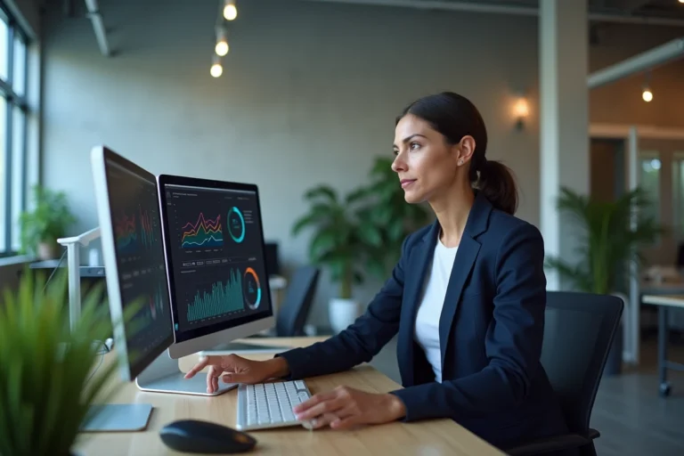 Femme d'affaires analysant des tableaux de bord de stratégie digitale sur deux écrans dans un bureau moderne