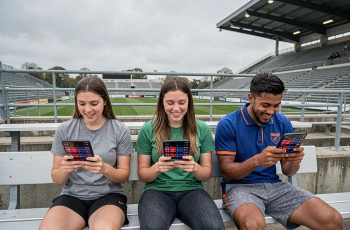 Groupe de jeunes supporters consultant les scores sportifs en direct sur leurs téléphones dans un stade