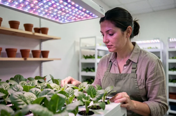 Femme inspectant des jeunes plants de laitue sous un système d'éclairage LED horticole sur mesure dans un espace de culture intérieur
