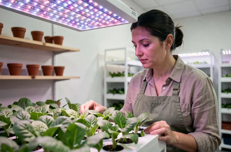 Femme inspectant des jeunes plants de laitue sous un système d'éclairage LED horticole sur mesure dans un espace de culture intérieur