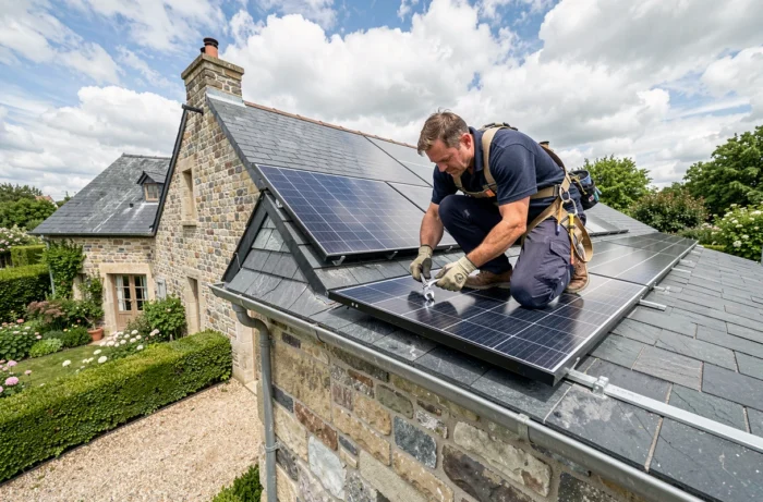 Technicien installant des panneaux solaires sur le toit en ardoise d'une maison traditionnelle française