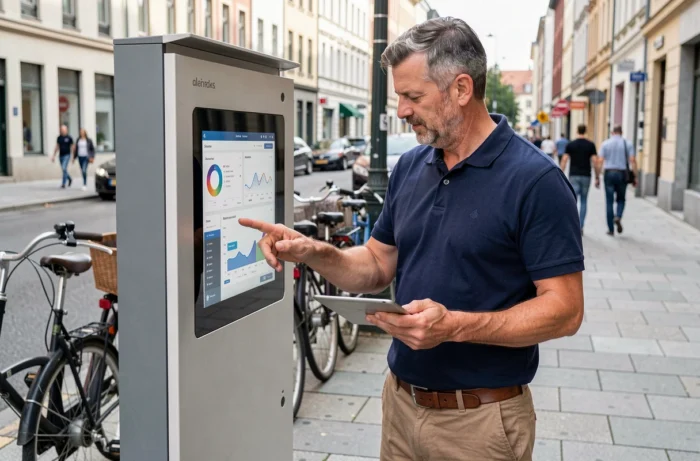 Technicien municipal interagissant avec un boîtier connecté intelligent en milieu urbain, illustrant les innovations technologiques au service des collectivités
