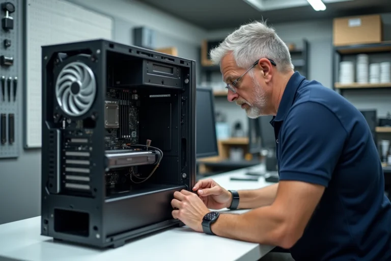 Technicien informatique examinant l'intérieur d'une unité centrale ouverte dans un atelier de réparation professionnel