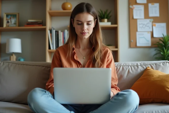 Jeune femme travaillant sur une stratégie digitale depuis son bureau à domicile avec un rapport d'analytics sur son ordinateur