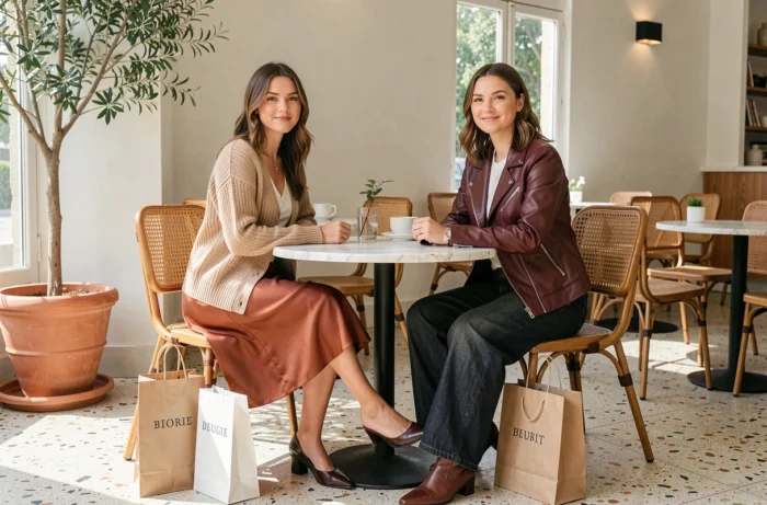 Due donne stilose in outfit di tendenza stagionali sedute a un tavolo in un caffè di design, borse da shopping ai loro piedi