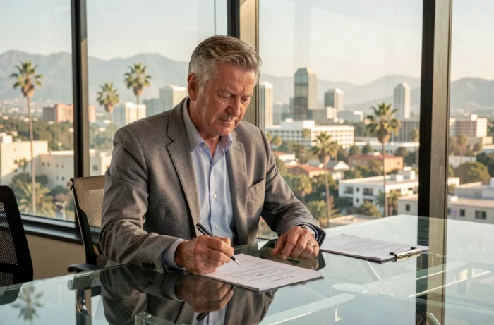 Imprenditore americano in blazer grigio che lavora in un ufficio moderno con vista panoramica su Los Angeles, evocando lo stile di vita business di Tony Scotti in California