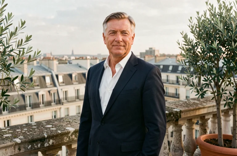 Homme d'affaires élégant en costume marine sur une terrasse parisienne avec vue sur les toits haussmanniens, illustrant le parcours de Tony Scotti entre Paris et Los Angeles