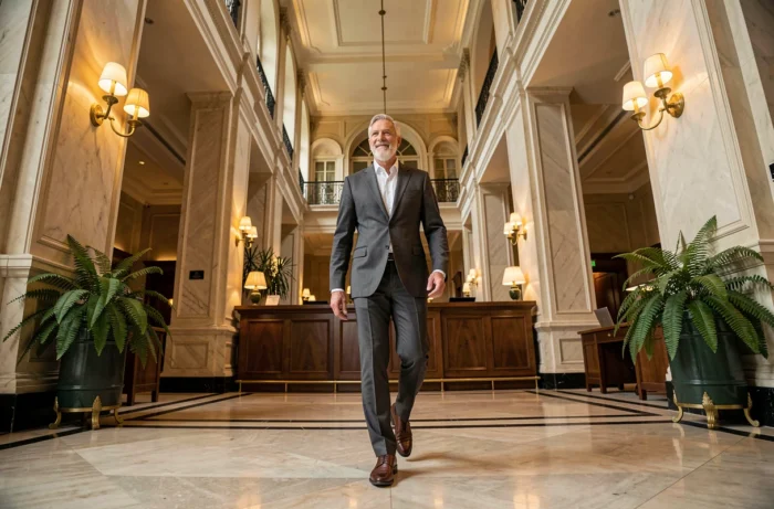 Uomo d'affari che cammina in un grande lobby di hotel lussuoso che mescola architettura classica parigina e design contemporaneo, simboleggiando il percorso internazionale e il net worth di Tony Scotti
