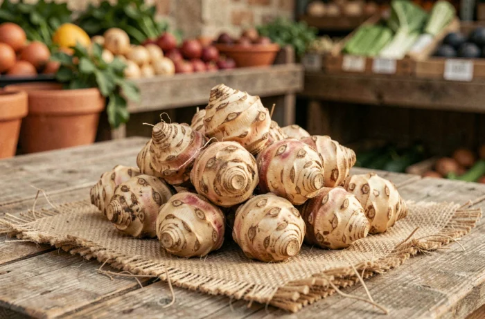 Bumpy Jerusalem artichokes with beige and brown hues arranged on rustic burlap in a French farm setting