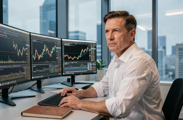 Trader expérimenté analysant des graphiques boursiers sur plusieurs écrans dans un bureau moderne vitré