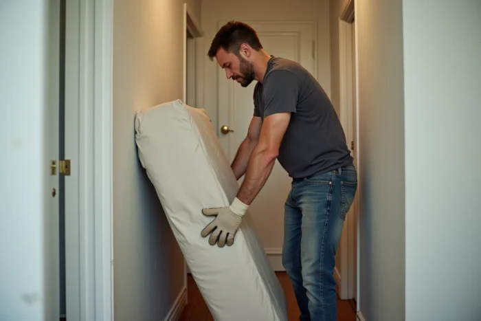 Homme transportant seul un sommier emballé dans un couloir d'appartement lors d'un déménagement