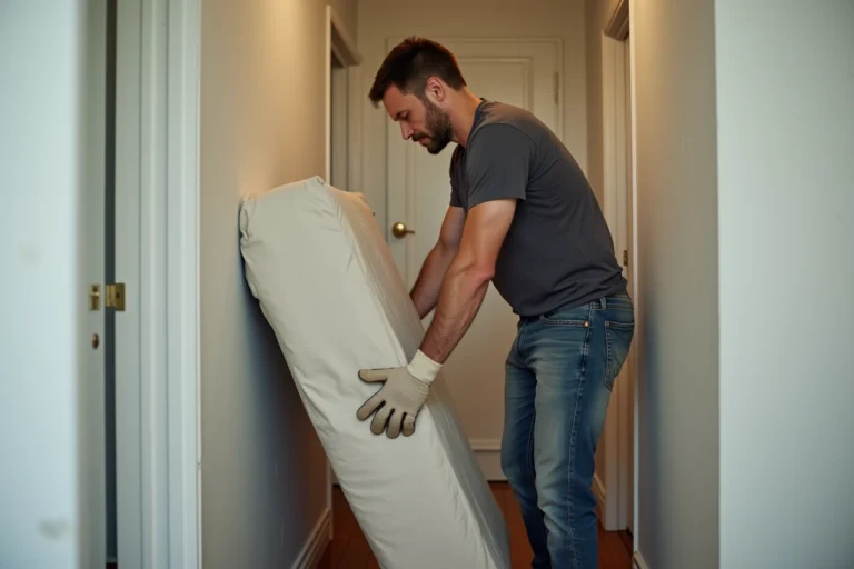 Homme transportant seul un sommier emballé dans un couloir d'appartement lors d'un déménagement