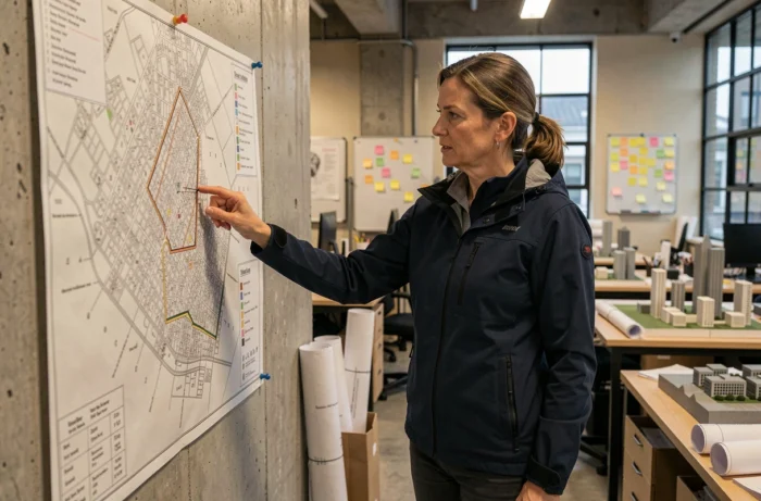 Urbaniste étudiant un plan de développement urbain dans un bureau d'études illustrant la planification des formes d'urbanisation actuelles