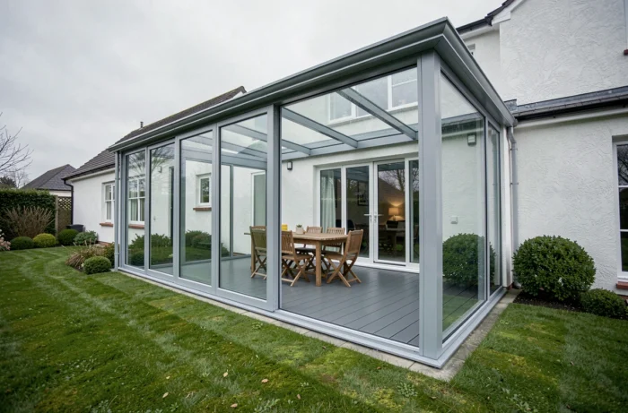 Véranda moderne en aluminium et double vitrage vue depuis le jardin, extension contemporaine maison pavillonnaire