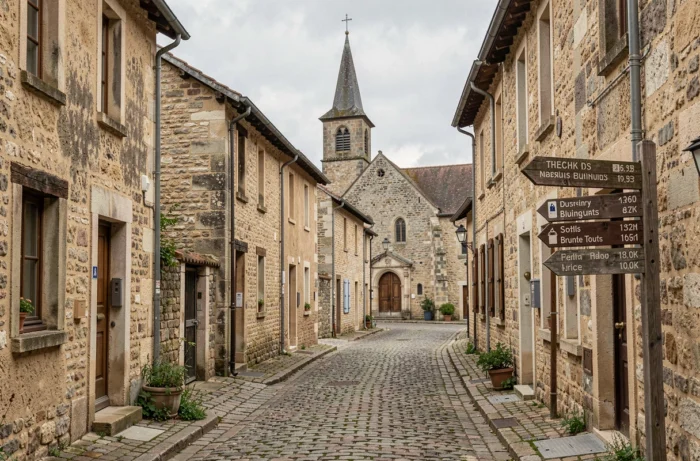 Rue pavée d'un petit village bourguignon avec église en pierre et atmosphère rurale authentique