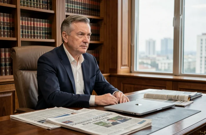 Stratège des médias russes assis à son bureau dans un bureau moscovite élégant, entouré de journaux et de rapports imprimés