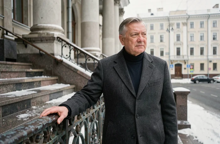 Dirigeant des médias russes en manteau de laine debout sur les marches d'un édifice néoclassique moscovite en hiver